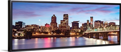 Portland, OR Skyline - Purple and Pink Sunset and Crescent Moon