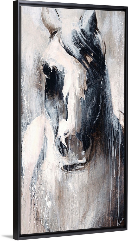Neutral-toned painting of a horse with paint drips.
