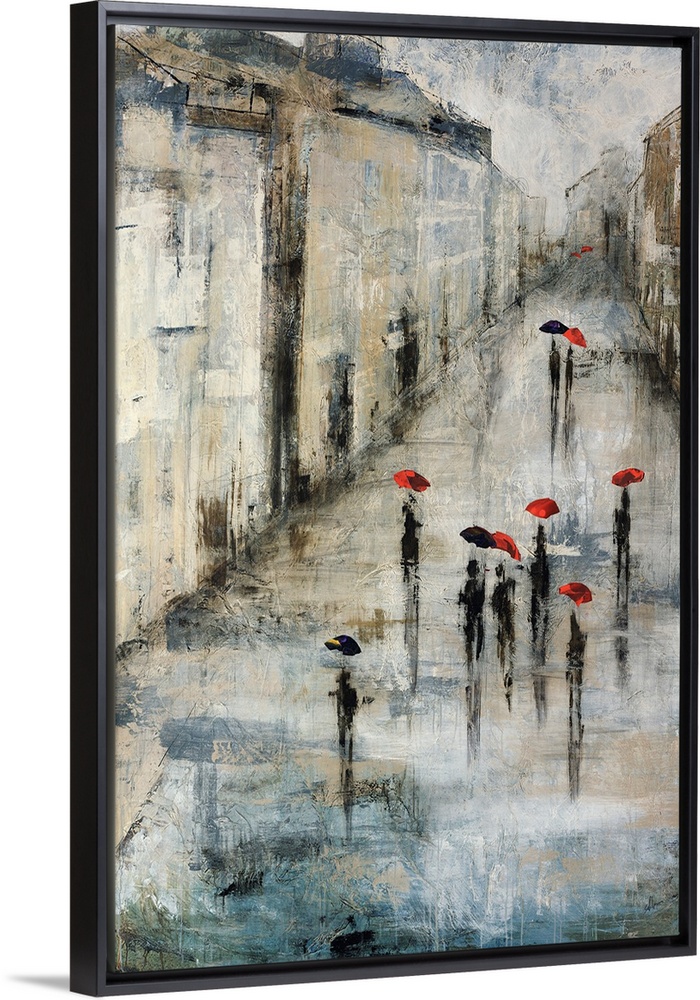 Neutral-toned painting of pedestrians holding umbrellas while walking along a promenade on a dreary day.