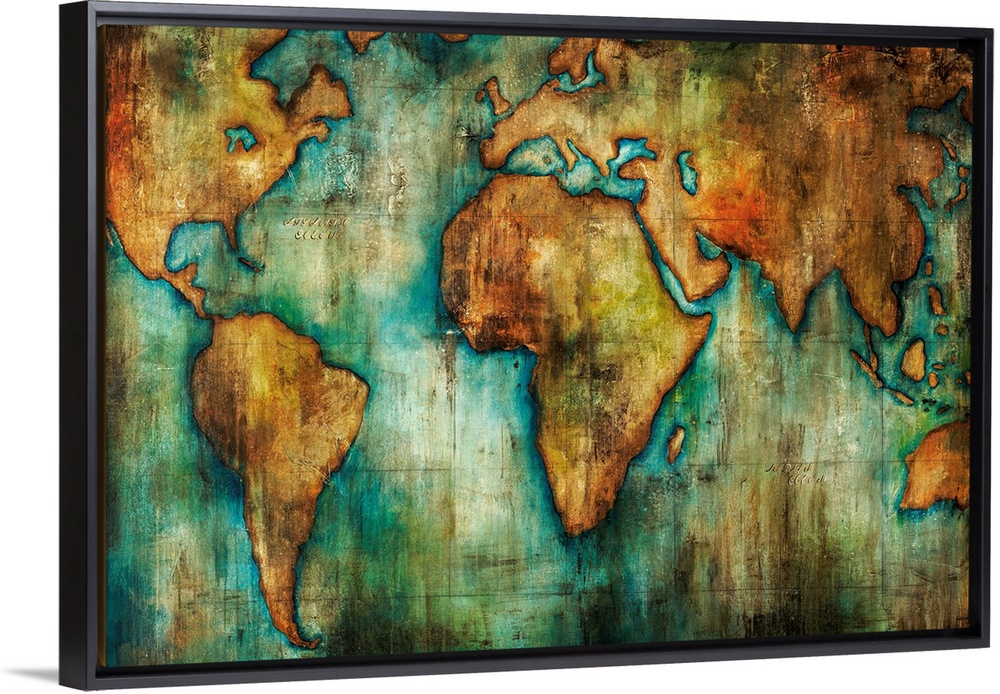 Painting of a world map done in an antique style with shades of brown and blue-green.