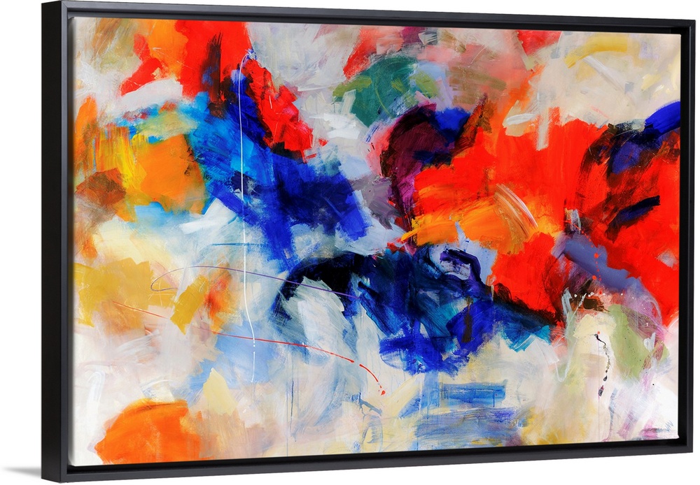 Wall art of an abstractly painted canvas of different blotches of bright colors put together.