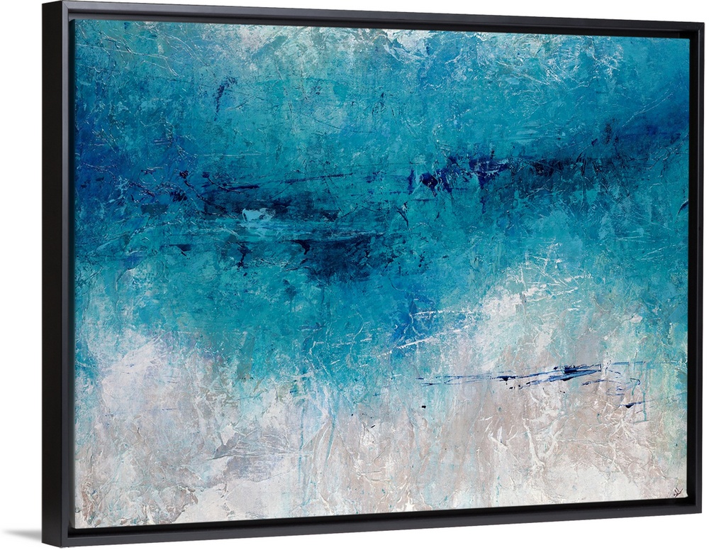 Abstract artwork consisting of a bright blue  mass over a cool, neutral background.