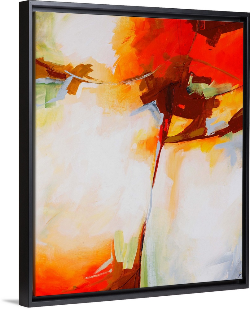 Abstract painting done with muted, pastel colors and pops of bright orange-red.