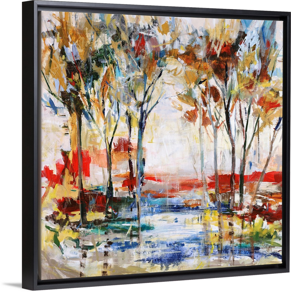 Contemporary painting of a grove of vibrant trees, surrounded by a multicolored playful landscape.