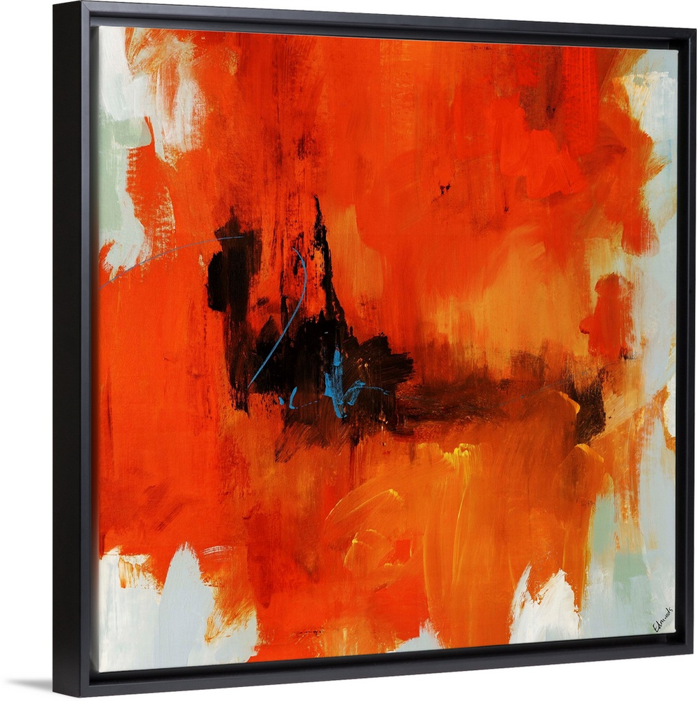 Abstract painting on a square canvas of large bright warm paint strokes contrasted against lighter tones on the left and d...