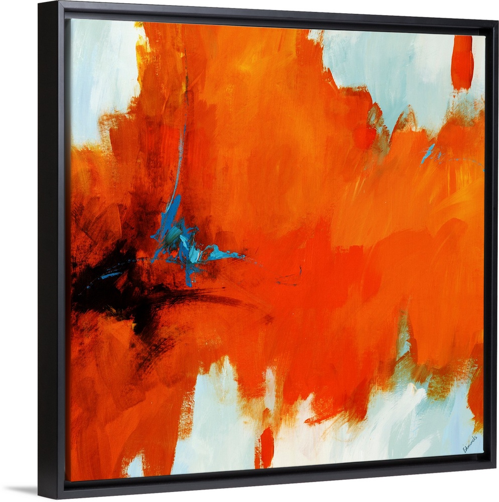 Contemporary painting on a square canvas of an abstract vision involving intense, hot color retreating from a dark center.