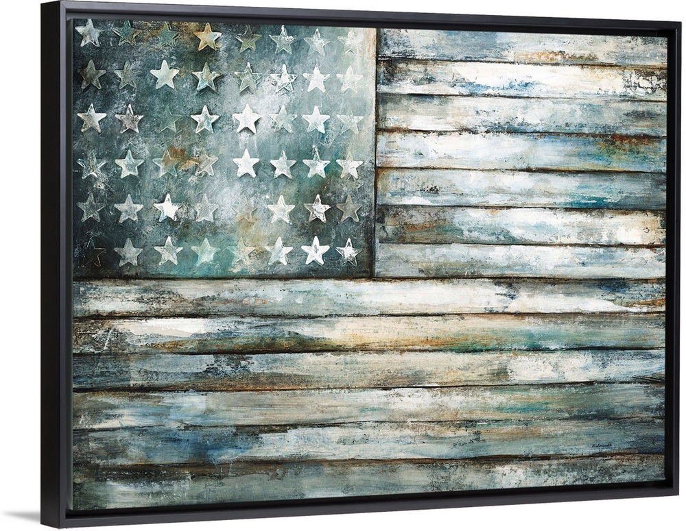 Contemporary painting of a wooden and weathered looking American flag.