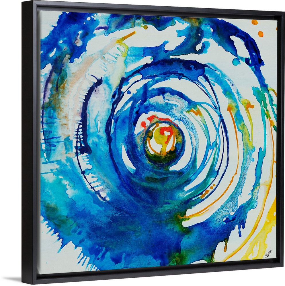 Contemporary painting of a multicolored swirl of spattered paint that gives the appearance of moving through a vortex towa...