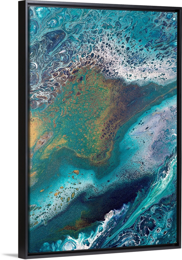 Abstract contemporary painting in color tones resembling the ocean, applied in a marbling effect.