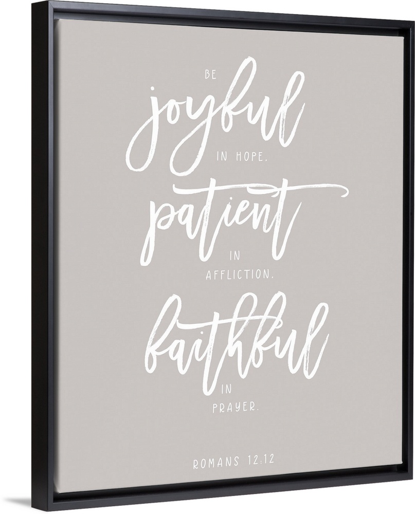 Handlettered Bible verse reading Be joyful in hope, patient in affliction, faithful in prayer.