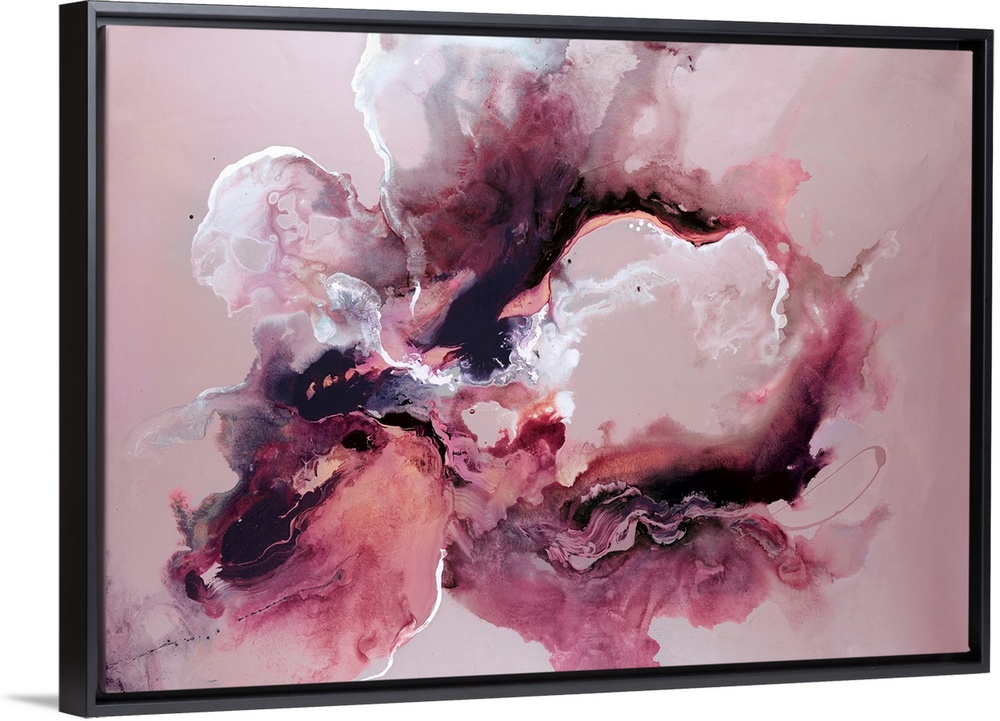 Horizontal abstract wall art of bleeding wet paint forming amorphous wet shapes.