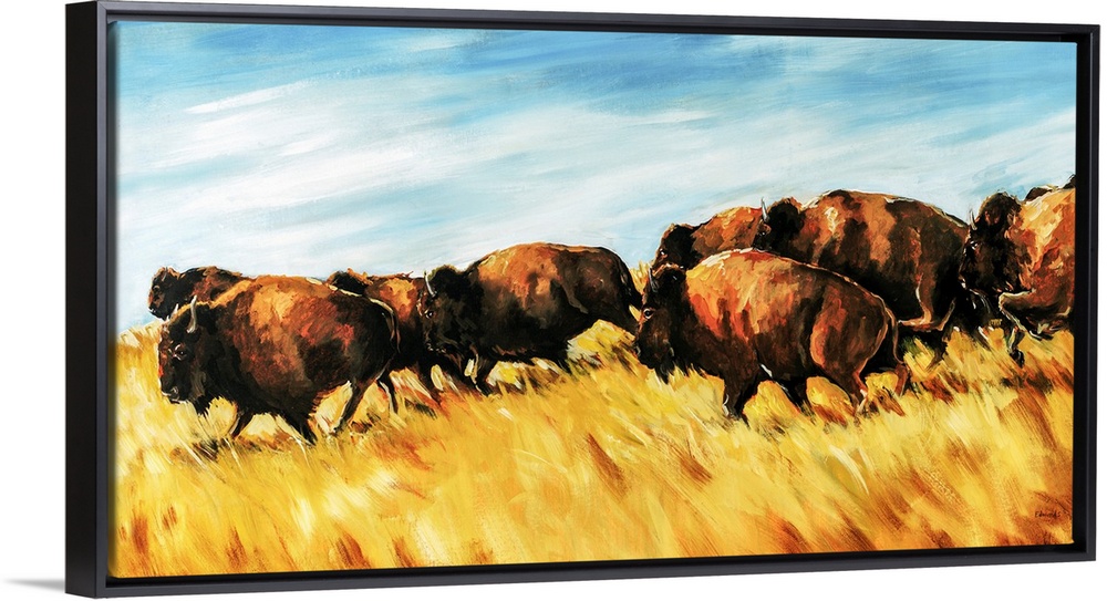 Painting of a herd of buffalo running wild on a grassy plain.