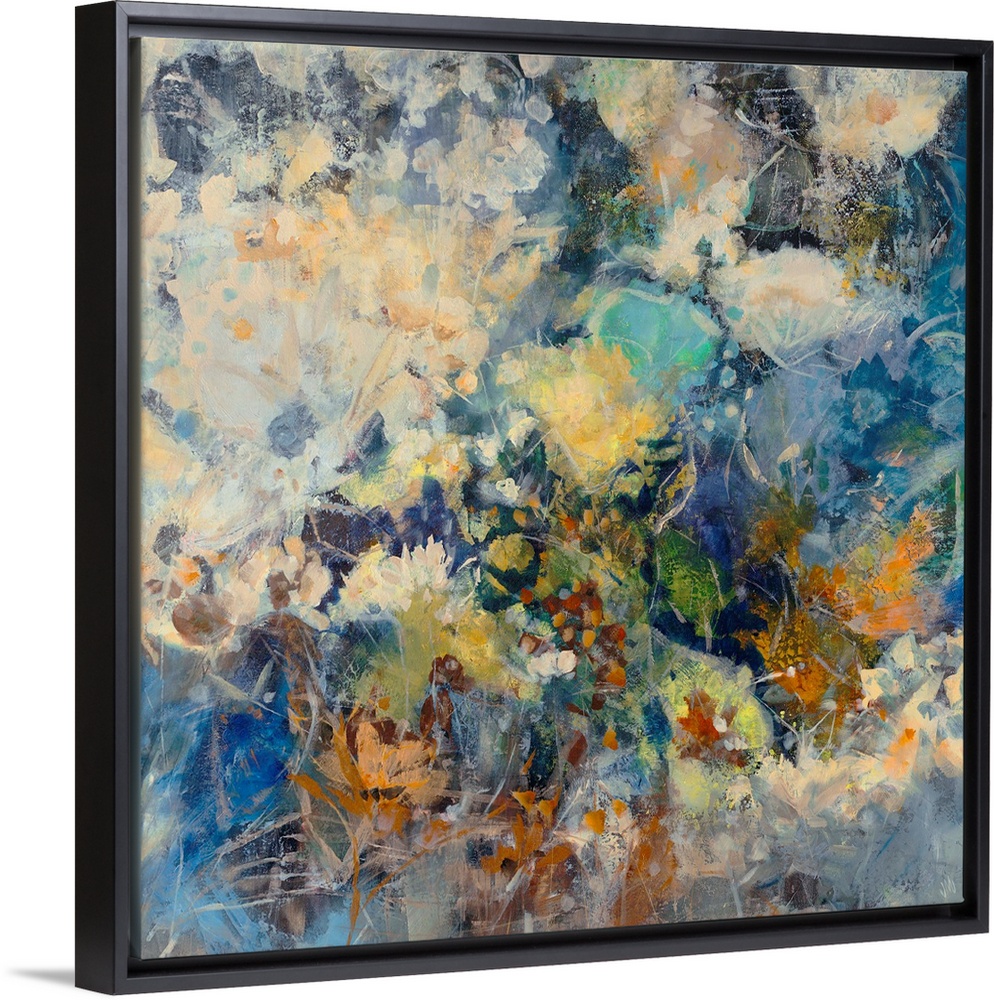 Huge abstract art depicts a large assortment of flowers mixed together through the use of numerous earth and cool tones. A...