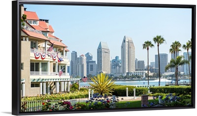 San Diego, California Skyline with American Flags