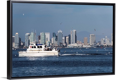 San Diego, California Skyline with Fishing Boat and Seagulls