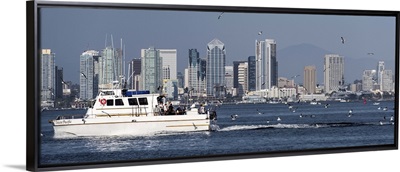 San Diego, California Skyline with Fishing Boat and Seagulls - Panoramic
