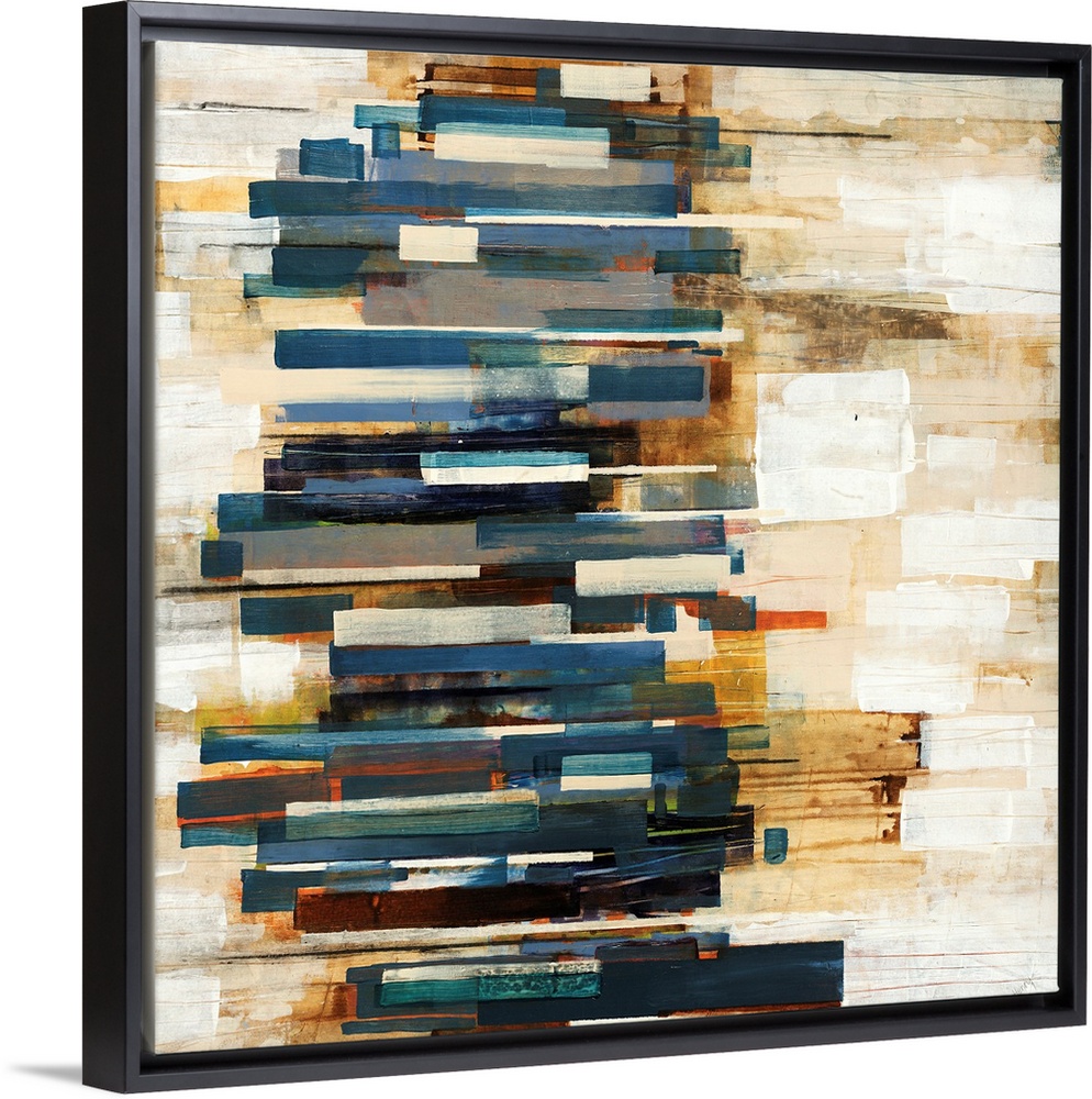 This large square shaped wall hanging is an abstract painting created with geometric brushstrokes creating dark streaks on...