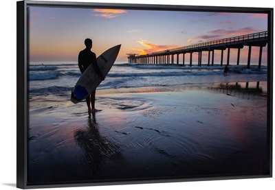 Scripps Beach Pier and Surfer Silhouette at Sunset, La Jolla, San Diego