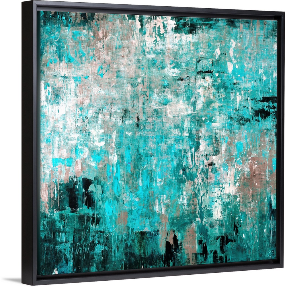 Big abstract art composed of different shades of a cool tone layered on top and next to each other in small patches of color.