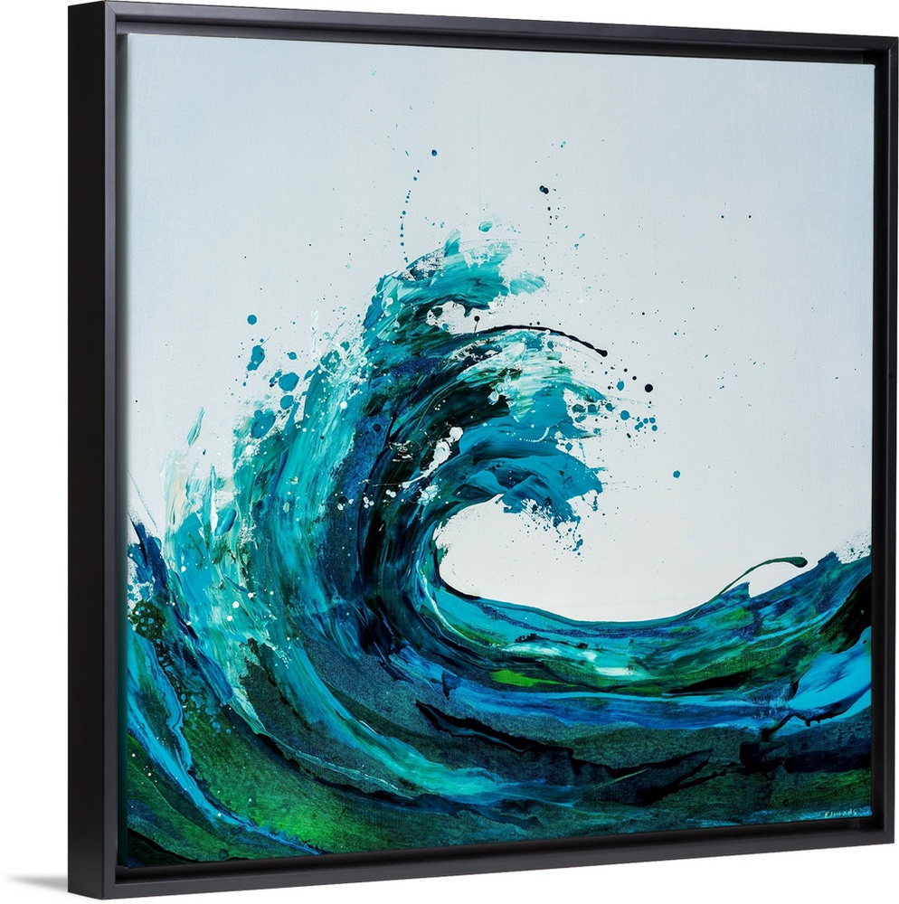 Contemporary square painting of an energetic wave done in various shades of blue and green.
