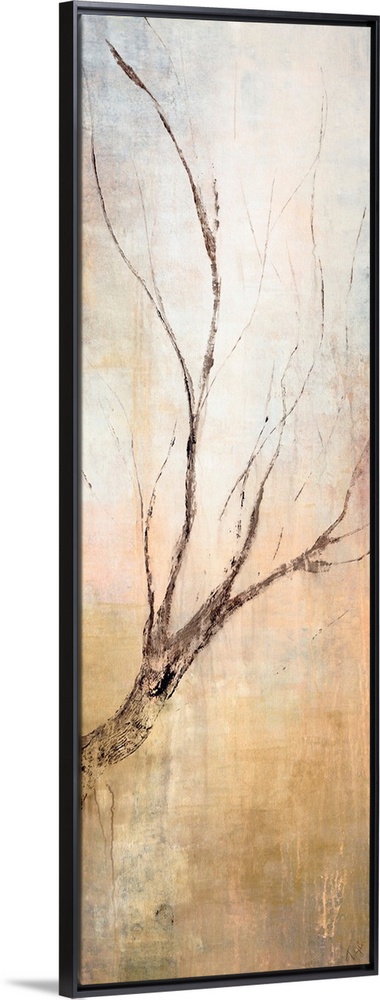Contemporary vertical panoramic painting of tree branch with several other smaller twigs branching off in an upward direct...