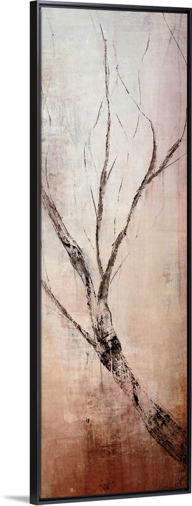 Vertical panoramic canvas painting of an abstract tree branch growing upwards on a grungy background.