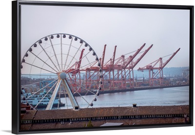 Seattle Great Wheel and Dockside Cranes In Seattle, Washington