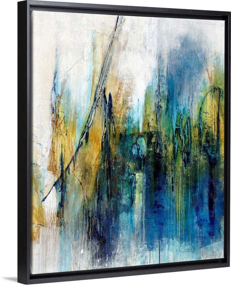 Contemporary abstract painting using blue mixed with gold in swiping vertical swipes, against a neutral background.
