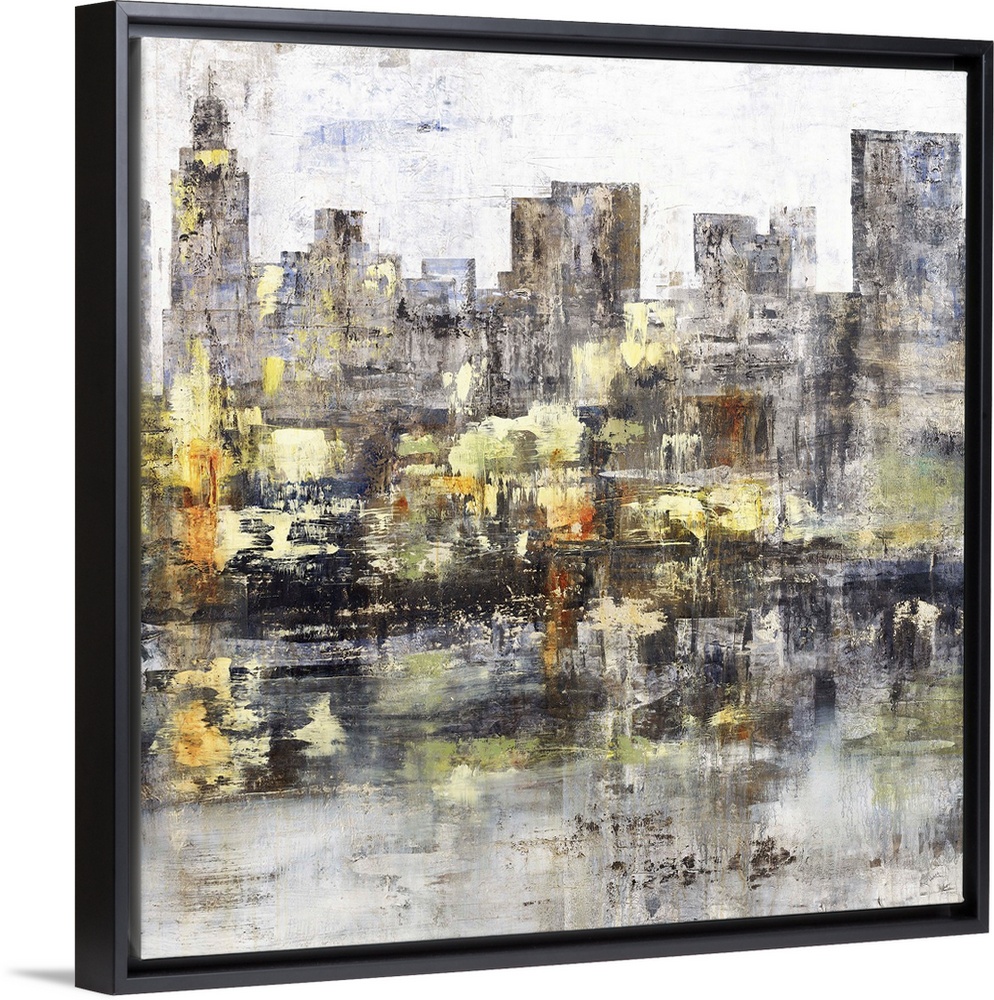Square abstract painting of a city skyline with tall buildings in dark shades of gray and brown with gold, yellow, orange,...
