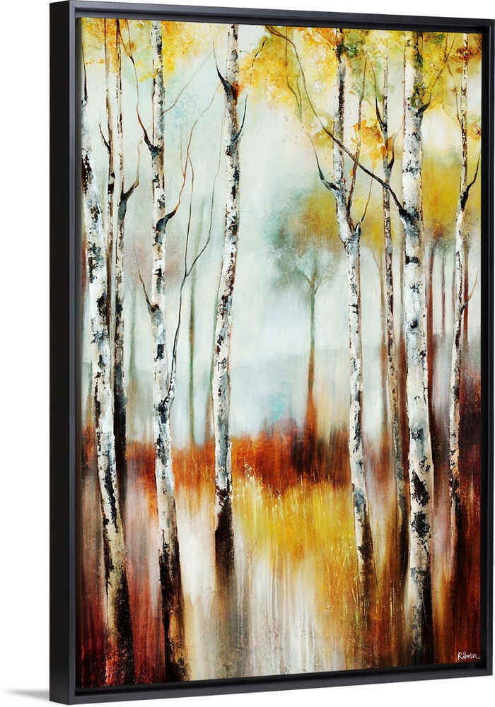 Abstracted landscape painting of a forest of birch trees going through seasonal transitions.