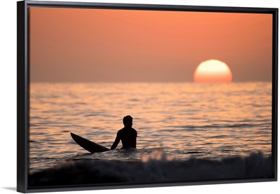Silhouetted Surfer at Sunset, San Diego Coast, California