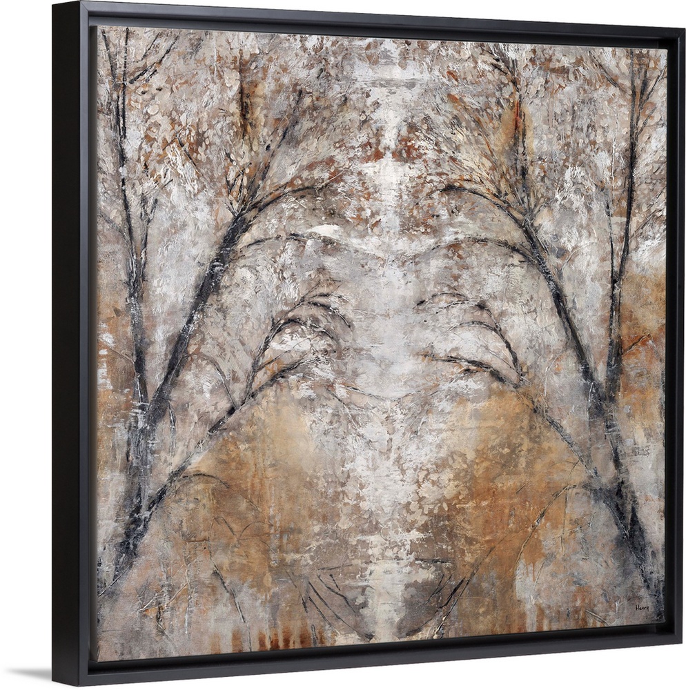 Abstract landscape painting of a path between two trees done in cool, neutral tones and silvery grays.