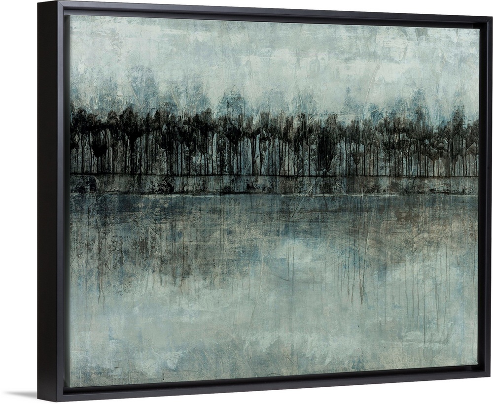 Abstract landscape of a forest in various shades of blue and gray.