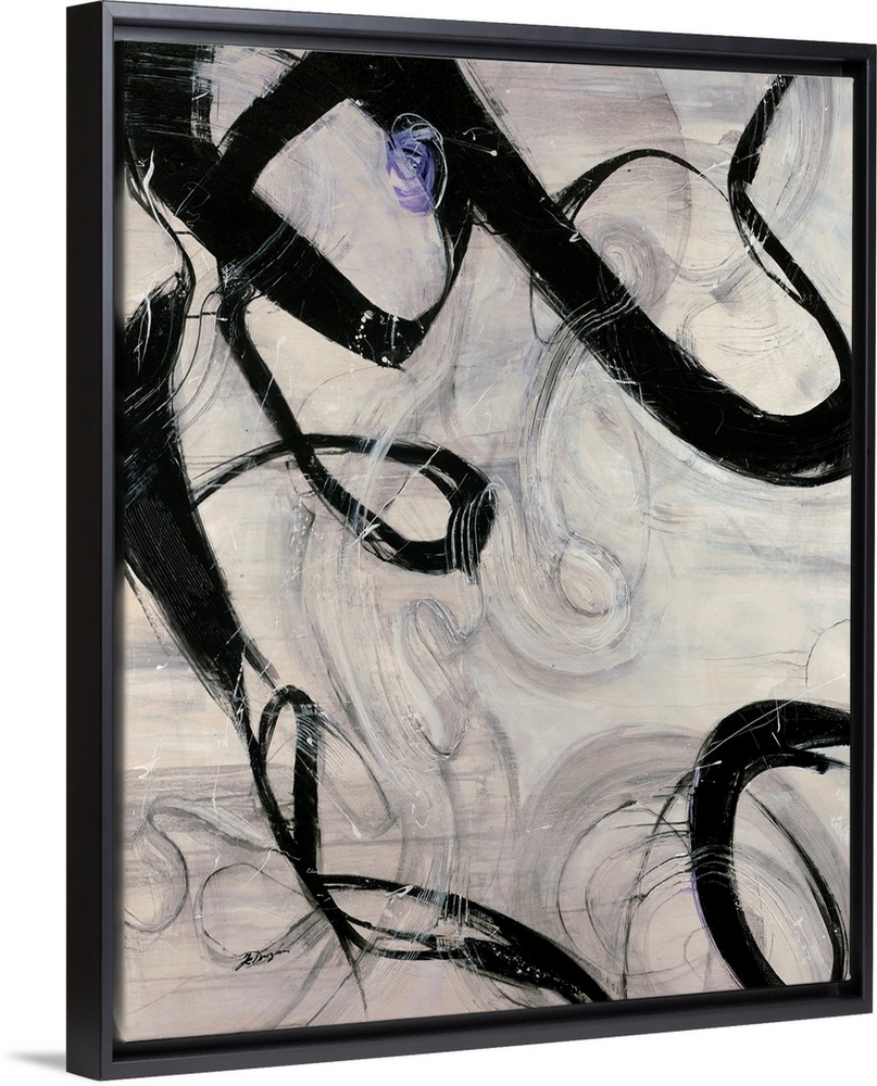 Vertical abstract painting with calligraphic shapes.