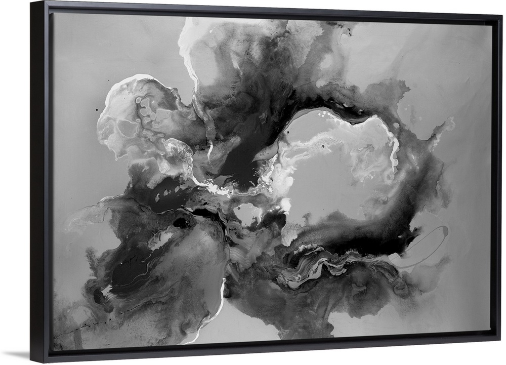 Horizontal abstract wall art of bleeding wet paint forming amorphous wet shapes.