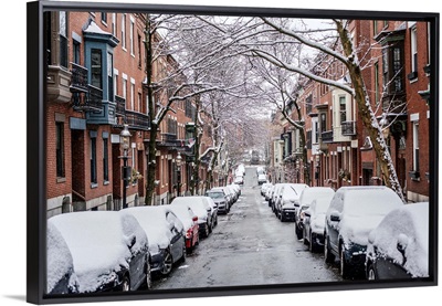 Snow Covered Cars Parked On Street, Boston, Massachusetts