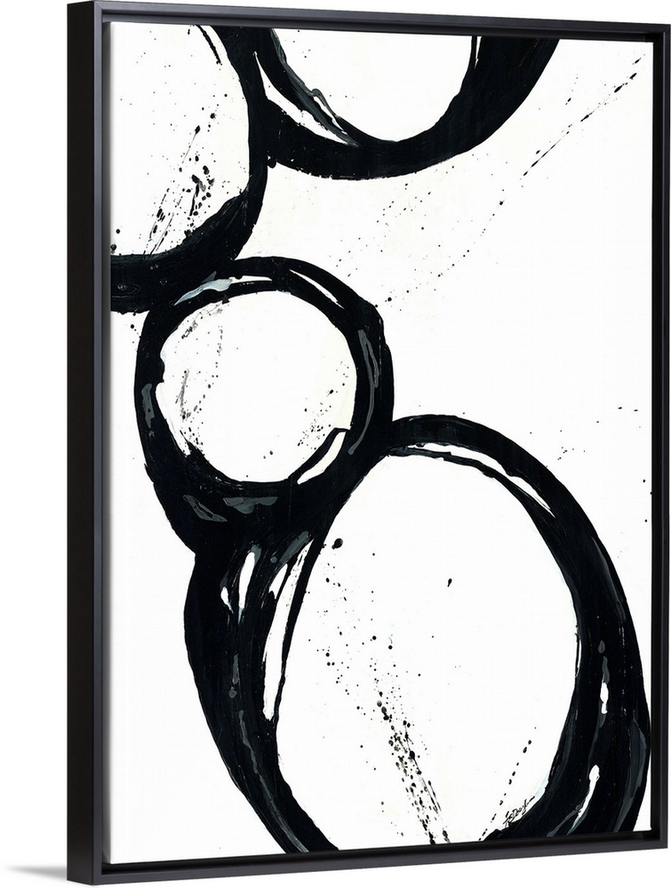 Large vertical abstract modern artwork of different sized circular designs on a blank background.