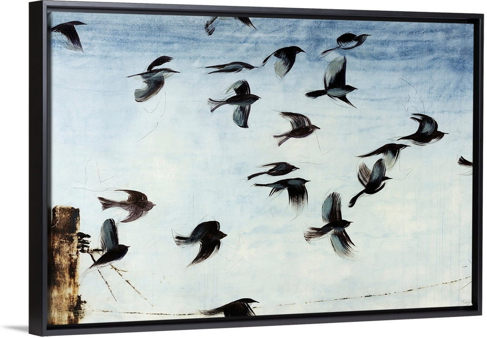 Contemporary artwork of a flock of sparros in flight above a power line in front of a light blue sky.