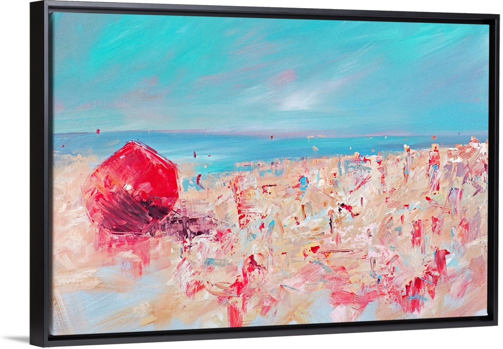 Contemporary painting of a beach scene with a bright red umbrella and deep turquoise water.