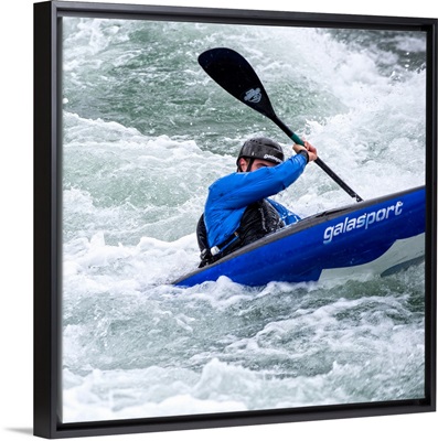 Square View Of Blue Kayaker paddling through Whitewater Rapids
