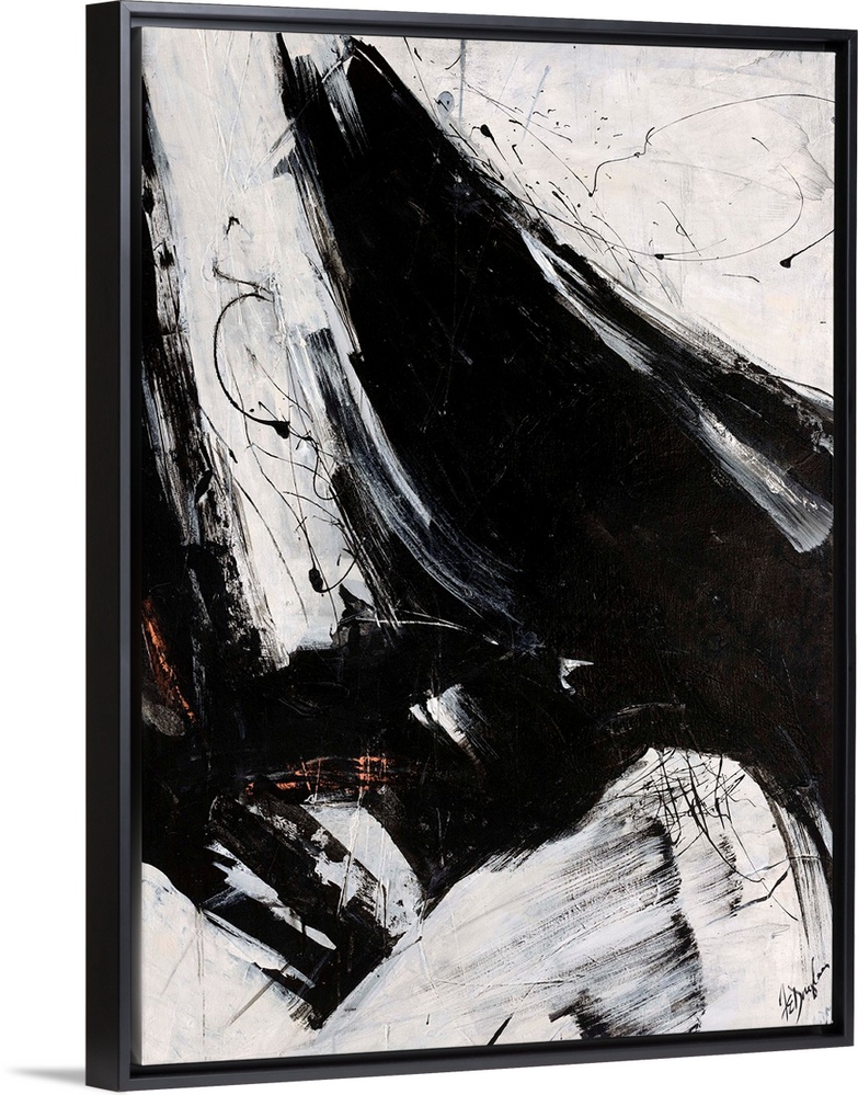 Large abstract art comprised of long brush strokes that boldly fill up the middle of the piece and are surrounded by thinn...