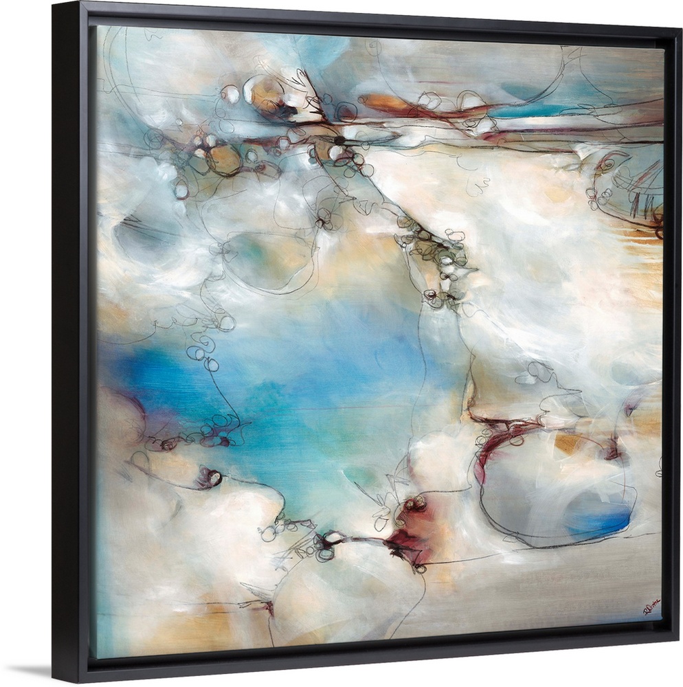 Contemporary painting that studies energy and movement with the sue of muted blues and grays and thin black line.