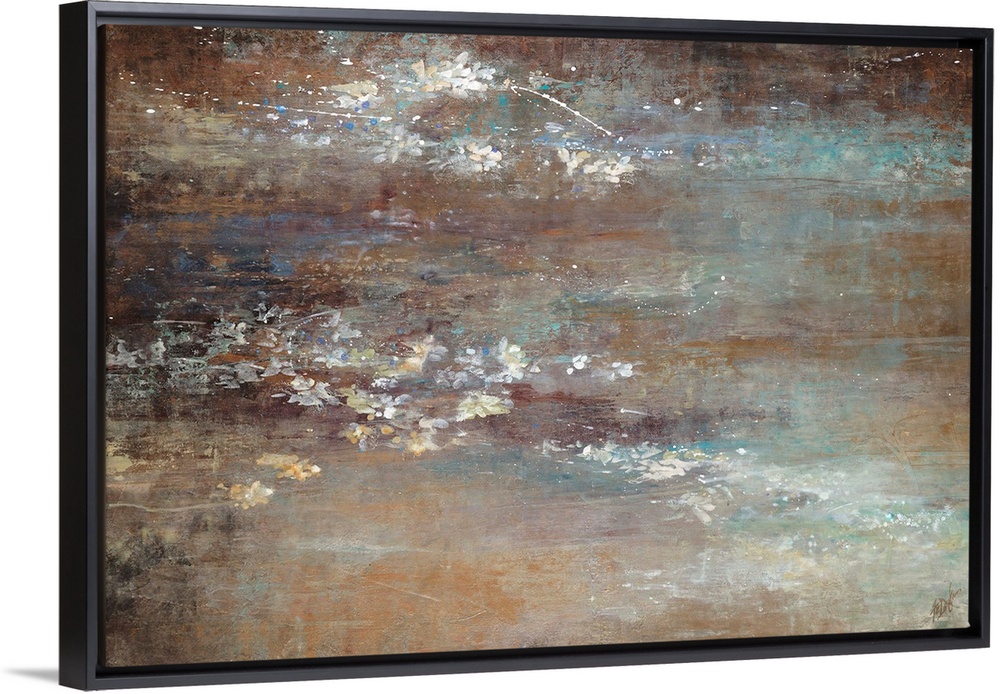 Abstract painting done in cool brown and gray tones with flecks of white dispersed throughout.