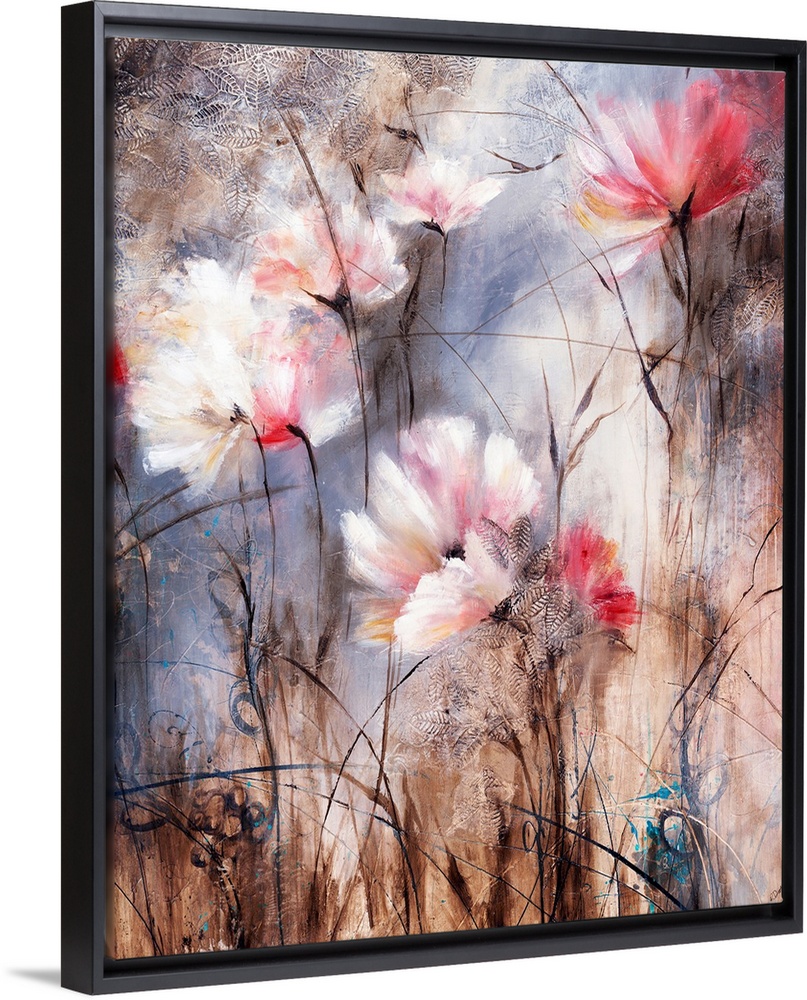 Contemporary painting of soft pale colored flowers against an abstract background.