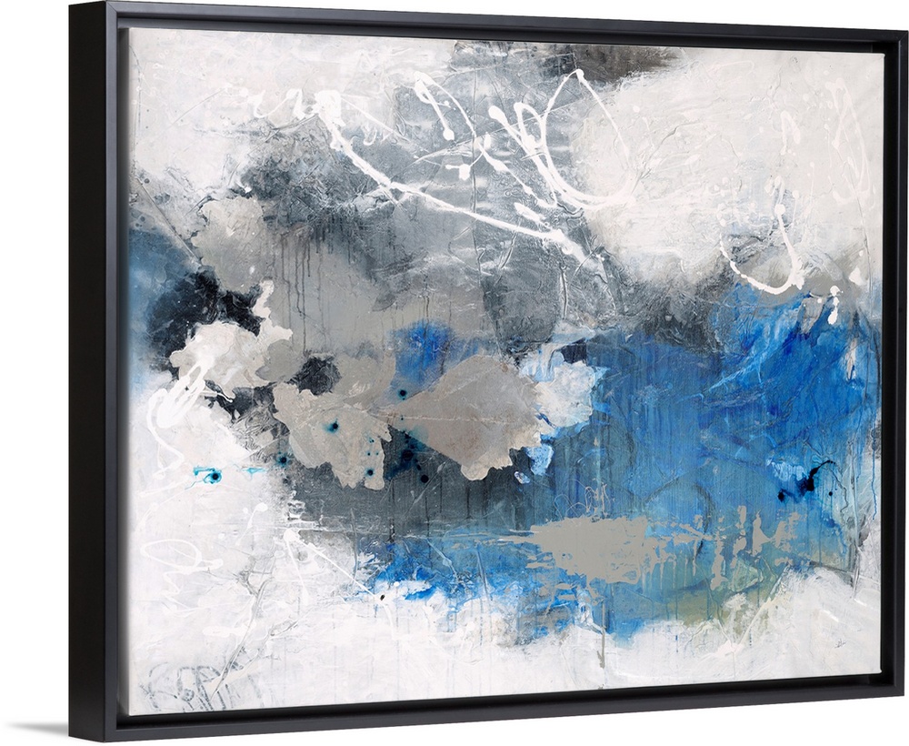 Contemporary abstract painting in white and blue, with white swirls.