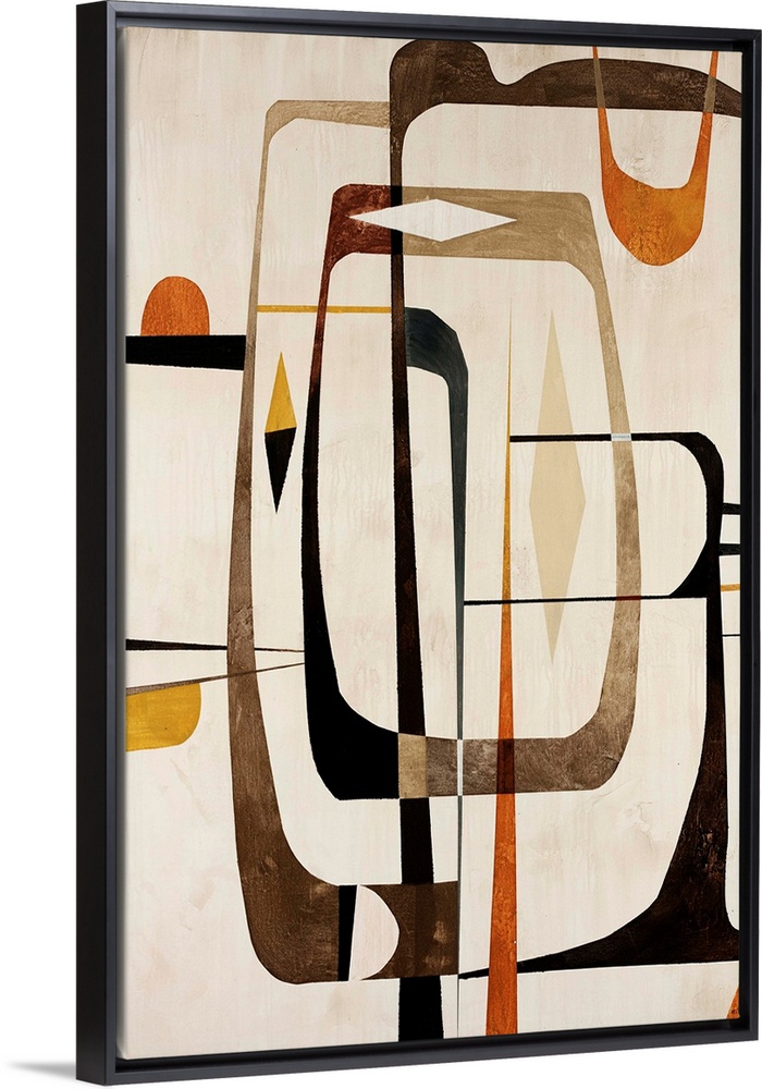 This contemporary painting uses elongated decorative shapes to add movement and depth to this abstract wall hanging.