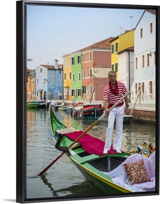 Striped Gondolier in the Venetian Lagoon, Burano, Venice, Italy, Europe