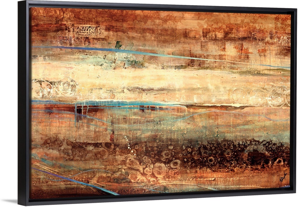 Large, landscape, abstract painting of various horizontal streaks of texture and color in earth tones, that almost appear ...