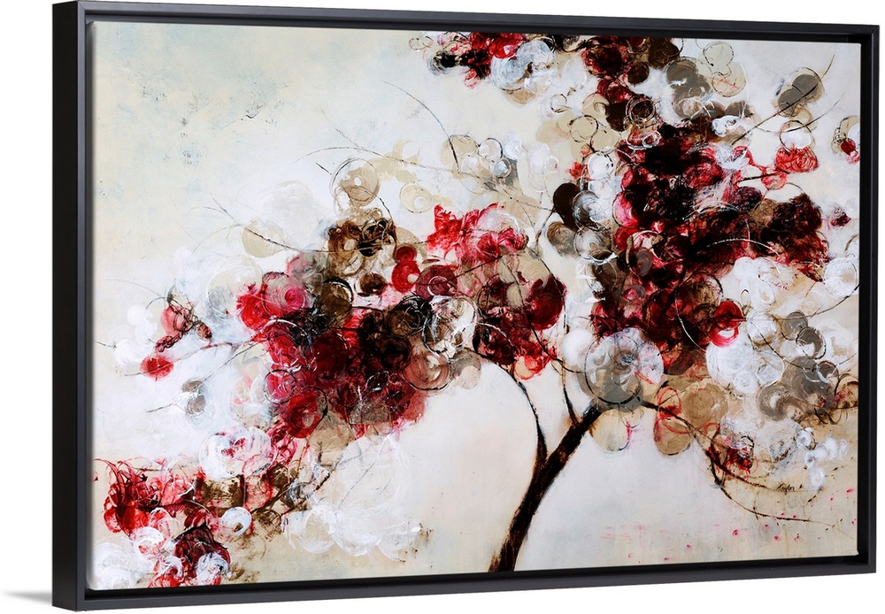 Contemporary art of a single tree branch filled with multicolored circular flowers, on a light neutral background.