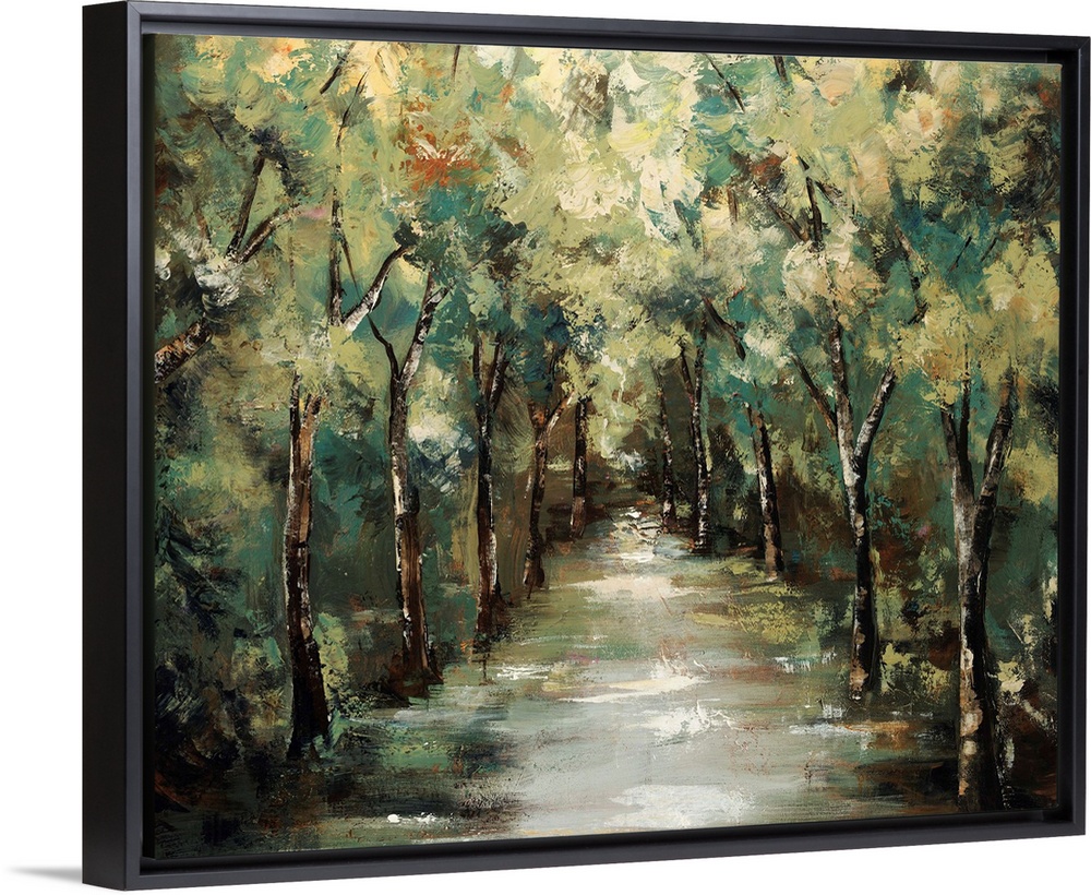 Contemporary landscapes scene of a path running through a vibrant and verdant forest.